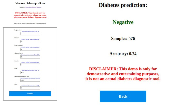 diabetes predictor form and results